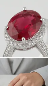 Anillo de plata 925 con piedra central de raíz de rubí en corte ovalado, rodeada por un halo de circonias y banda decorada con circonias adicionales.