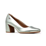 Zapato de vestir Usaflex modelo Lilia, color dorado, con taco cuadrado y punta redondeada. Presenta un diseño elegante en cuero con un pequeño aplique metálico en el lateral.
