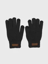 Par de guantes tejidos de color gris oscuro, con detalle de etiqueta de cuero sintético en la muñeca. Aptos para pantallas táctiles.