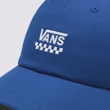 Gorra Vans de seis paneles color azul con logo de la marca bordado en blanco en el frente.