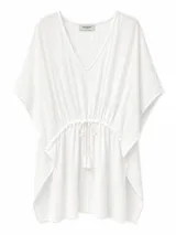 Blusa Guapa! estilo caftán de color blanco, con cuello en V, mangas murciélago cortas y cordón ajustable con borlas en la cintura.