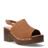 Sandalias de gamuza marrón con plataforma y taco grueso con acabado de efecto madera. Capellada envolvente de punta abierta, pulsera ajustable al tobillo y detalles de tachas metálicas doradas.