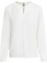 Blusa blanca de poliéster reciclado, con cuello redondo, mangas largas y abertura en el cuello con barra metálica.