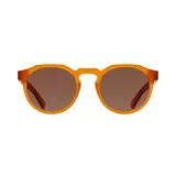 Lentes de sol redondos con montura color naranja y lentes marrones.