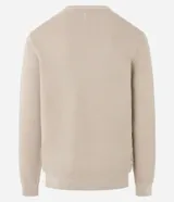 Suéter celeste de punto con textura acanalada horizontal, cuello redondo y mangas largas con puños ajustados.