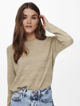 Sweater negro de punto acanalado con cuello redondo y manga larga, de calce regular.