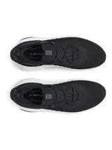 Championes Under Armour Phantom 4 de estilo urbano y deportivo, color negro con suela blanca. Presentan un diseño de cuello de punto tipo calcetín, contrafuerte de TPU en el talón y amortiguación UA HOVR+ para mayor retorno de energía.