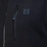 Campera de polar con cierre frontal completo, diseño bicolor en negro y marrón, cuello alto y bolsillos con cierre.