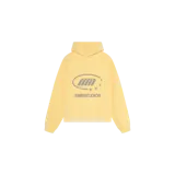 Hoodie oversize color amarillo claro, con capucha y estampa gráfica frontal de la marca con estrellas y el texto EMESTUDIOS.