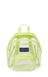 Mochila mini transparente de la marca JanSport con ribetes y correas en color lila pastel. Cuenta con un compartimento principal y un bolsillo frontal con cierre.