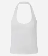 Blusa corta de viscosa en color blanco, con diseño de cuello halter y espalda descubierta.