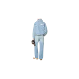 Pantalón de mezclilla slim fit de tiro medio, color celeste claro con efecto desgastado, roturas en las rodillas y muslos, y diseño de cinco bolsillos.