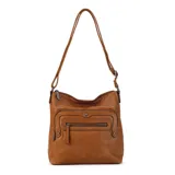 Bandolera de símil cuero color negro con dos bolsillos frontales con cierre, un bolsillo trasero y tres bolsillos internos. Detalles de tachas metálicas y correa larga regulable.