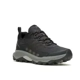 Championes Merrell Speed Strike 2 para hombre, color negro con detalles en gris. Diseñados para senderismo, con parte superior sintética y de malla, cordones y correas 100% reciclados, cuello acolchado, talón y puntera protectores, y suela de goma adherente Merrell.