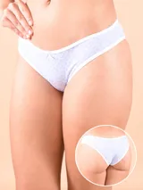 Pack de cuatro vedetinas de corte clásico, tiro bajo, en colores pastel: blanco, celeste, rosado y verde claro. Presentan un pequeño moño decorativo en el centro del elástico frontal.