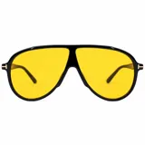 Lentes de sol con armazón de policarbonato negro y diseño de estilo aviador con puente superior plano. Las lentes son de color amarillo y cuentan con filtro UV400. Las patillas incorporan detalles metálicos dorados en las bisagras.