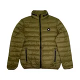 Campera puffer verde militar con cierre frontal, cuello alto y logo de la marca en el pecho.