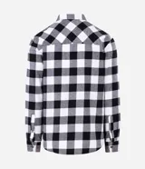 Camisa de franela marca Blue Steel, con diseño de cuadros grandes en blanco y negro, cuello inglés, manga larga y cierre frontal con botones.
