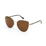 Lentes de sol con armazón metálico en tono dorado y plateado, con cristales marrones en forma de ojo de gato. Las patillas presentan un diseño estampado con detalles geométricos.