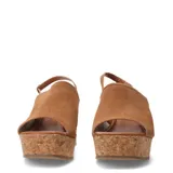 Sandalias de mujer marca Bottero con capellada de cuero negro, diseño de punta abierta y plataforma de corcho. Cuenta con una pulsera fina con hebilla para ajuste en el tobillo.