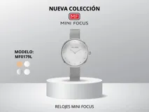 Reloj de pulsera Mini Focus modelo MF0179L, con caja plateada de zinc-alloy-metal, movimiento de cuarzo japonés, malla metálica plateada y cierre de gancho. Resistente al agua 3ATM.