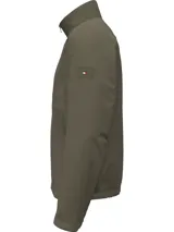 Campera verde militar estilo blouson, con cuello alto, cierre frontal de cremallera, bolsillos laterales y logo de la bandera de Tommy Hilfiger en el pecho.