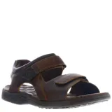 Sandalias de cuero marrón con diseño ergonómico, ajuste mediante tiras con velcro y suela de goma antideslizante.