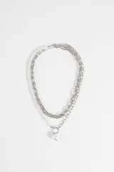 Collar de diseño multicapa compuesto por cadenas de eslabones plateados y una hilera de perlas sintéticas, con un dije central de perla colgante.