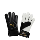 Guantes de arquero Puma King 4, con dorso negro y palma de látex blanca. Presentan el logo de la marca en dorado en el dorso y en blanco en la muñequera, con cierre de velcro ajustable.