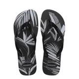 Sandalias tipo ojotas Havaianas con diseño estampado de hojas en tonos negro y gris. Presentan tiras negras con relieve de la marca.