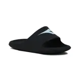 Chanclas Diadora modelo Sulu para mujer, color negro con la tira ancha que incluye el logotipo de la marca en color celeste.