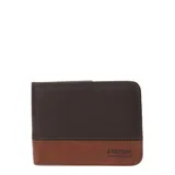 Billetera plegable de cuero con diseño bicolor en tonos marrón oscuro y marrón claro, con logo de la marca grabado en la parte inferior.
