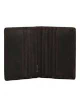 Billetera bifold de cuero 100% natural color marrón, con diseño compacto, múltiples compartimentos para tarjetas y tecnología de protección RFID. Presenta costuras pespunteadas en los bordes y el logo de la marca grabado en relieve en la esquina inferior.