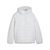 Campera puffer color lila con capucha y cierre frontal.