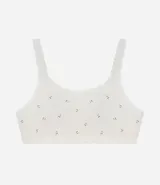 Soutien tipo bralette confeccionado en microfibra, con diseño de escote redondo y breteles finos decorados con encaje. Presenta un estampado delicado de pequeñas cerezas y cuenta con copas desmontables.
