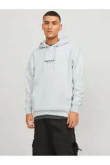 Canguro gris melange de manga larga con capucha, corte relajado, bolsillo tipo canguro y estampado con texto en el pecho.