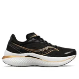 Championes de running Saucony Endorphin Speed 3, color negro con detalles dorados y suela blanca.