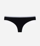 Bombacha tipo bikini de corte tanga, confeccionada en poliamida con elastano. Presenta un diseño sin costuras en color negro con bies contrastante en tono claro en los bordes.