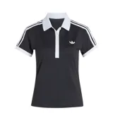 Remera polo de mujer Adidas de manga corta, color negro con detalles en blanco en el cuello, la botonera, los bordes de las mangas y las clásicas tres tiras en los hombros. Incluye el logo del trifolio bordado en el pecho.
