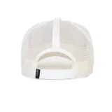 Gorra trucker Goorin Bros color beige con malla blanca y cierre snapback, con parche bordado frontal de un tigre blanco y la palabra "Tiger".
