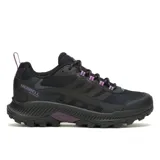 Championes de senderismo Merrell modelo Speed Strike 2 Waterproof, color negro con detalles en violeta. Presentan una construcción robusta con malla y cuero sintético, membrana impermeable, entresuela de espuma EVA para mayor estabilidad y suela de goma con tracción duradera.
