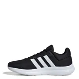Championes deportivos Adidas modelo Lite Racer 4.0, color negro con tres franjas laterales blancas. Presentan una entresuela blanca con tecnología Cloudfoam visible en el lateral y capellada de malla transpirable.