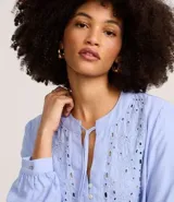 Blusa tipo bata de color celeste con mangas largas y cuello mao con lazo. Presenta detalles de bordado floral calado tipo laise en el frente y cierre parcial con botones.