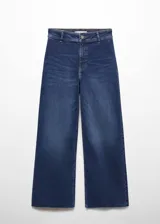 Jeans culotte de tiro alto en color azul, confeccionado en tejido vaquero elástico con bajo deshilachado y cierre de cremallera y botón.