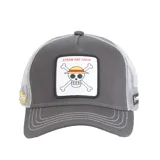 Gorro Capslab gris con visera curva y paneles de malla en la parte trasera. Presenta un parche frontal con el logo de la tripulación de sombrero de paja de One Piece.