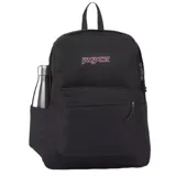 Mochila Jansport Superbreak Plus negra con logo de la marca en el frente, bolsillo frontal con cierre y bolsillo lateral para botella.