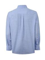 Camisa de manga larga RKF en tonos celestes y verdes con patrón de cuadros, cuello con botones y bolsillo frontal con logo bordado.