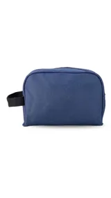 Neceser de tela canvas color azul, con cierre superior y asa lateral de mano.