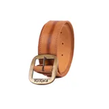 Cinturón de cuero color caramelo con efecto envejecido y hebilla metálica de estilo rústico con el logo 'Kiko's' grabado.