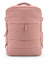 Mochila de viaje color rosado, con compartimentos con cierre y correas de ajuste laterales en color rosado más claro.